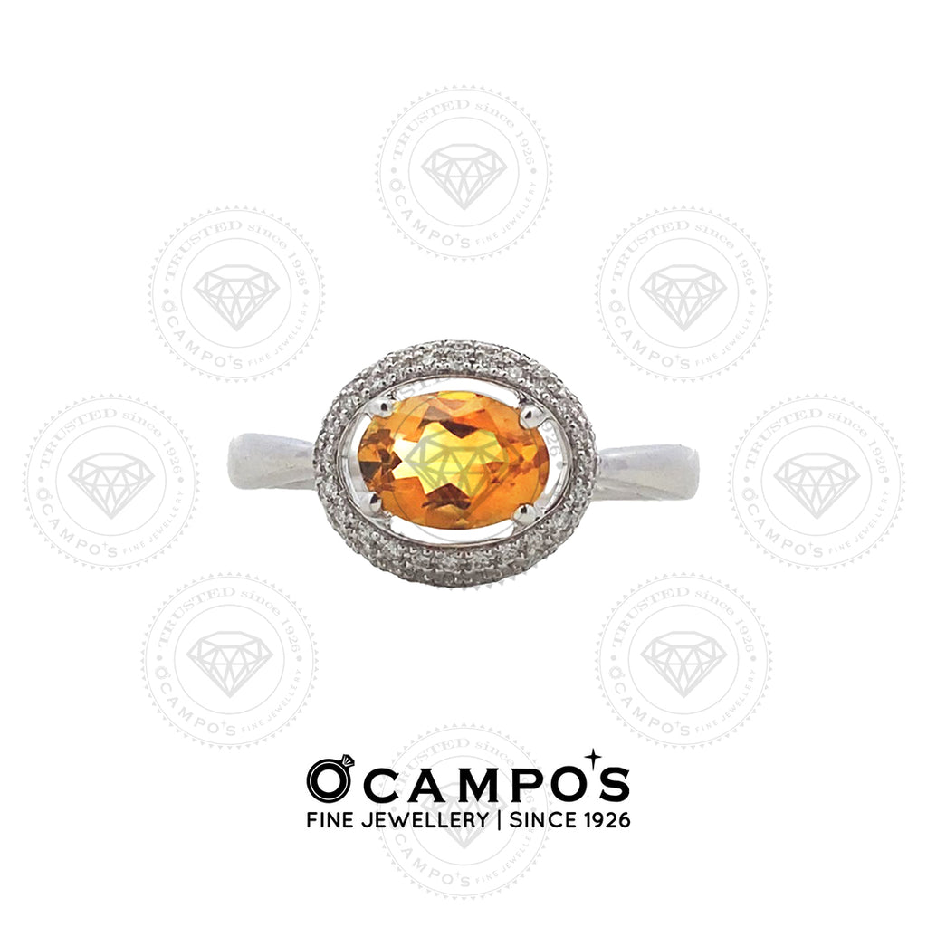 AURA RING OVAL CITRINE W/HALO DIAMOND  18KARAT WHITE GOLD