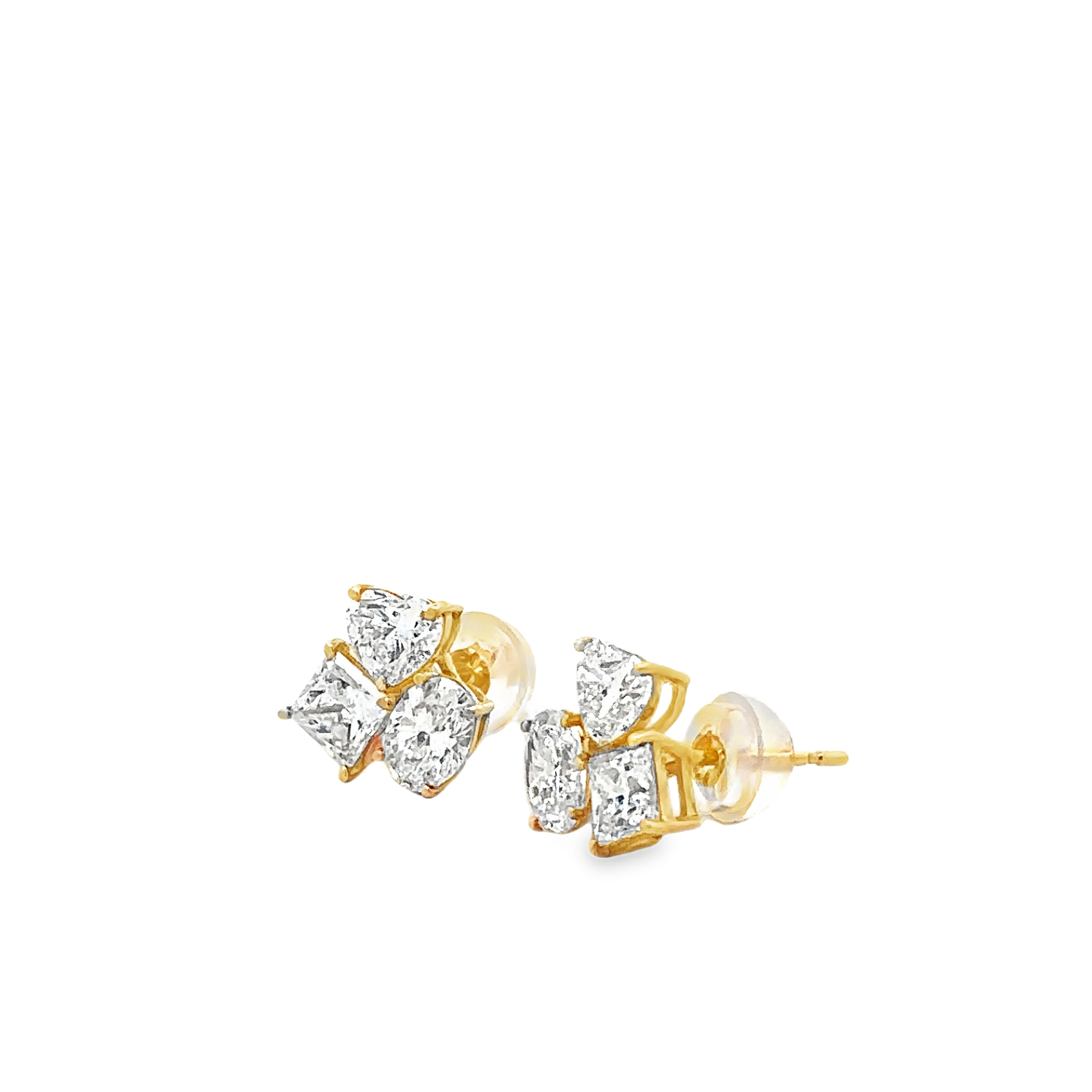 Thessaia 18 Karat Yellow Gold Stud Earring 3 Shape Diamond Silicone Earnut 2 Carat Diamond