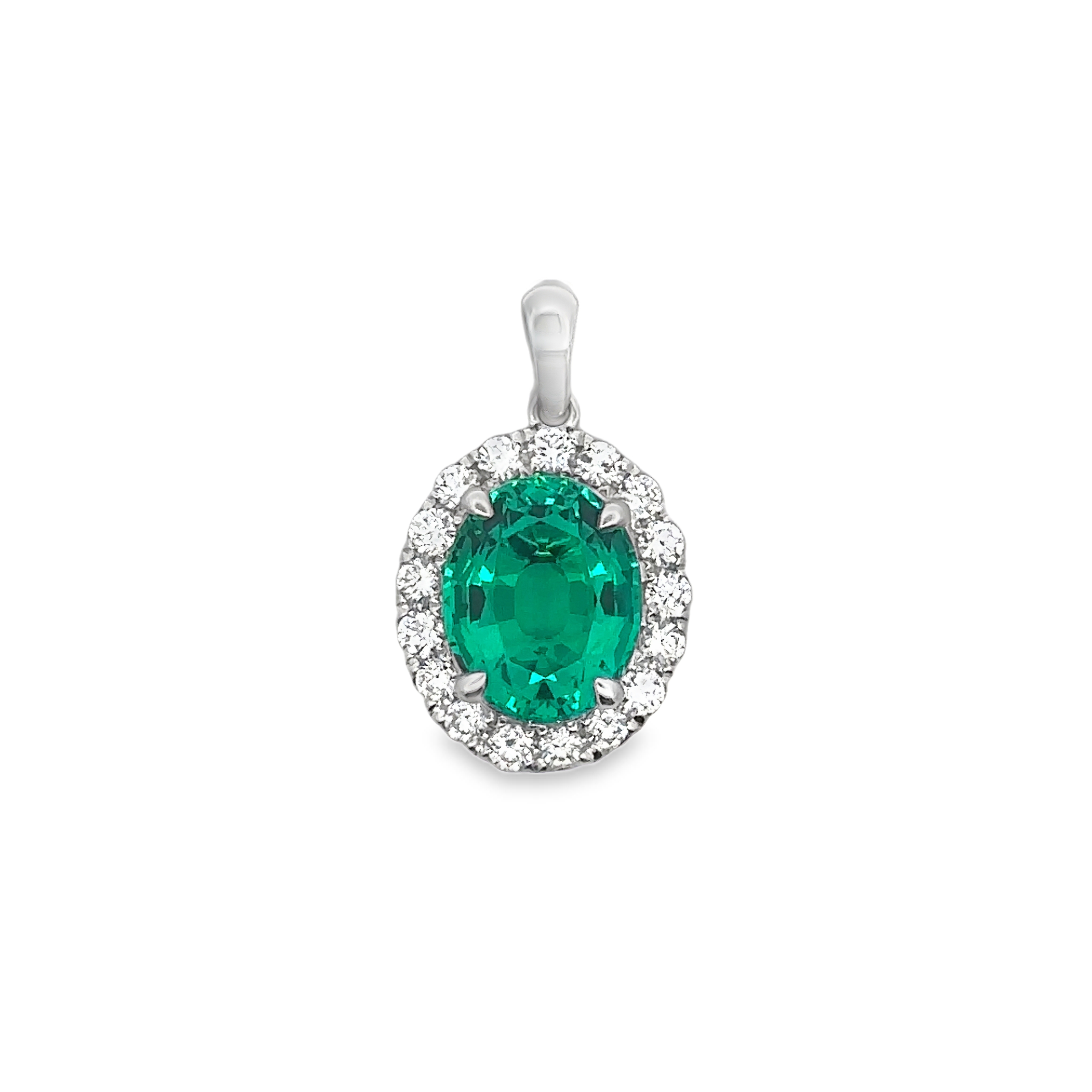 Calista 14 Karat White Gold Pendant 1 Emerald Halo - 2.60 Carat 18 Diamond - 0.43 Carat Lab Grown