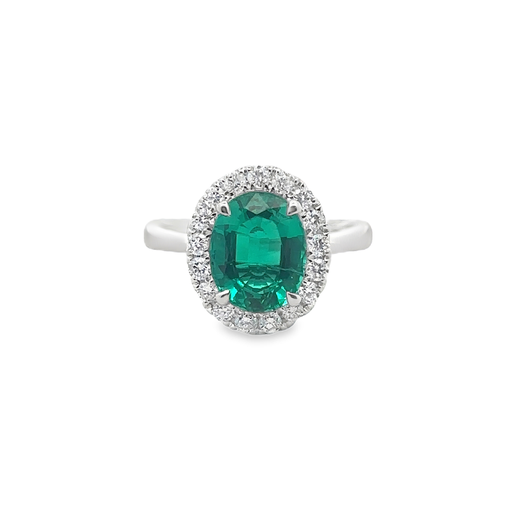 Alethea 14 Karat White Gold Ring 1 Emerald Halo - 2.73 Carat 18 Diamond - 0.44 Carat Lab Grown