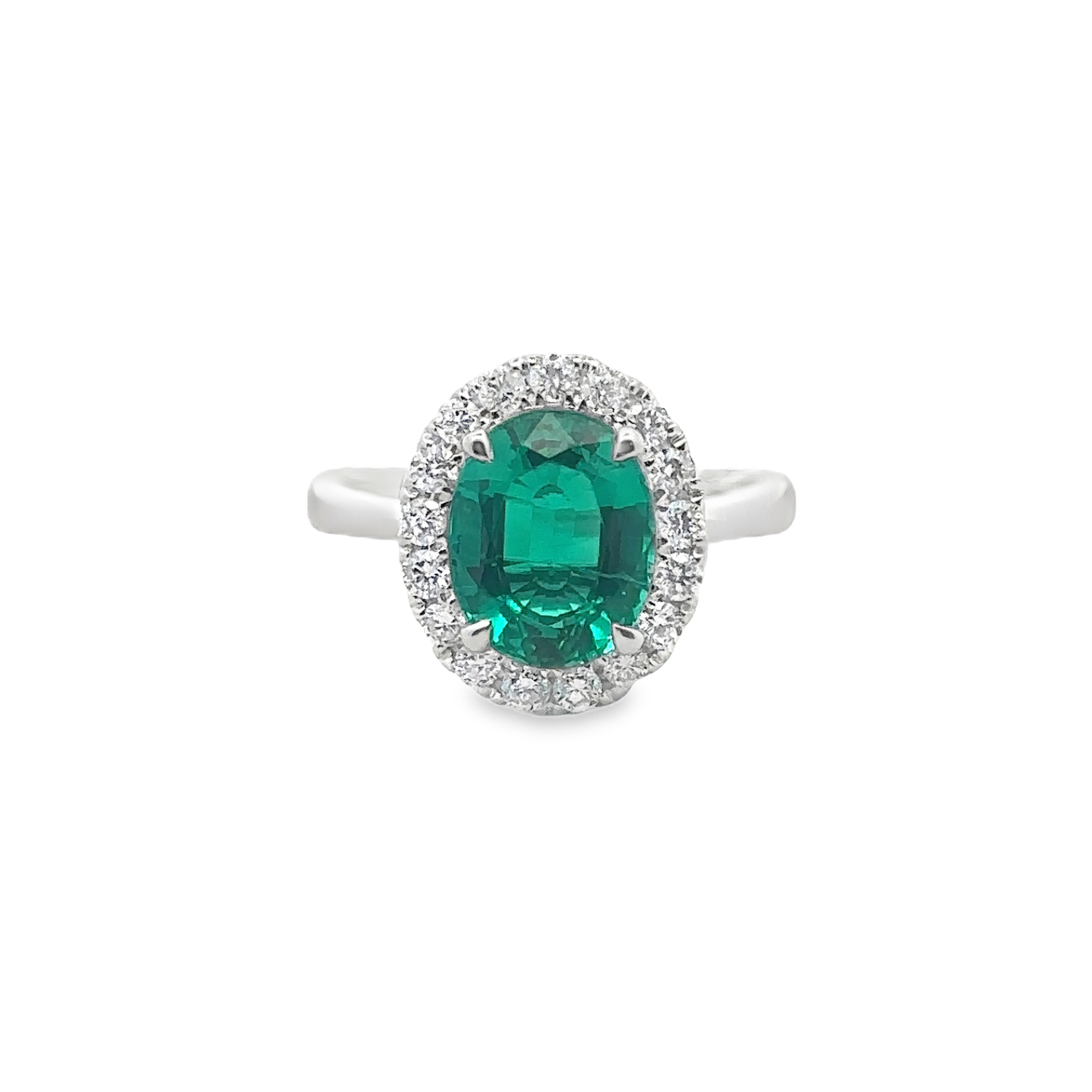 Alethea 14 Karat White Gold Ring 1 Emerald Halo - 2.73 Carat 18 Diamond - 0.44 Carat Lab Grown