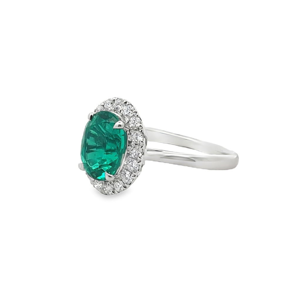 Alethea 14 Karat White Gold Ring 1 Emerald Halo - 2.73 Carat 18 Diamond - 0.44 Carat Lab Grown